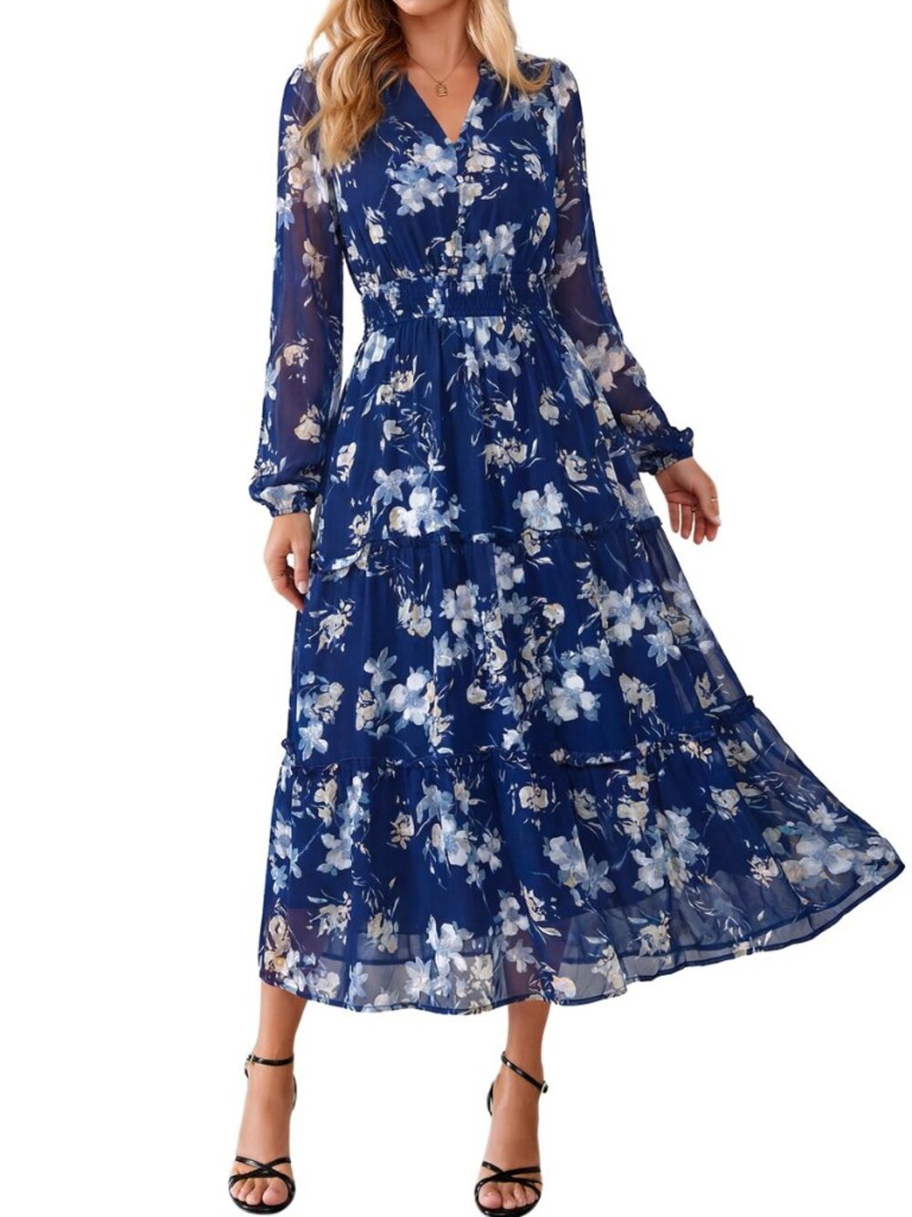 Womens Floral Boho Maxi Dress Long Sleeve Flowy Wedding Guest Dress